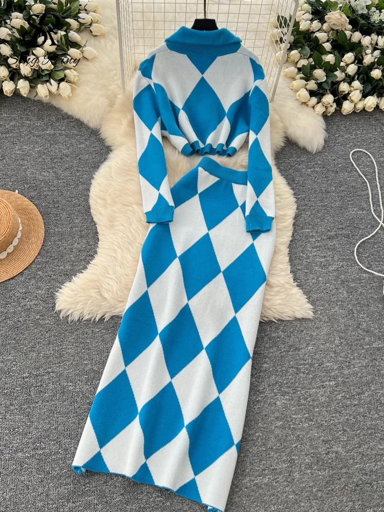 SINGREINY American Fashion Warm Suits Women Lapel Neck Zipper TopsHigh Elastic Skinny Plaid Skirt Streetwear Two Pieces Sets 250729