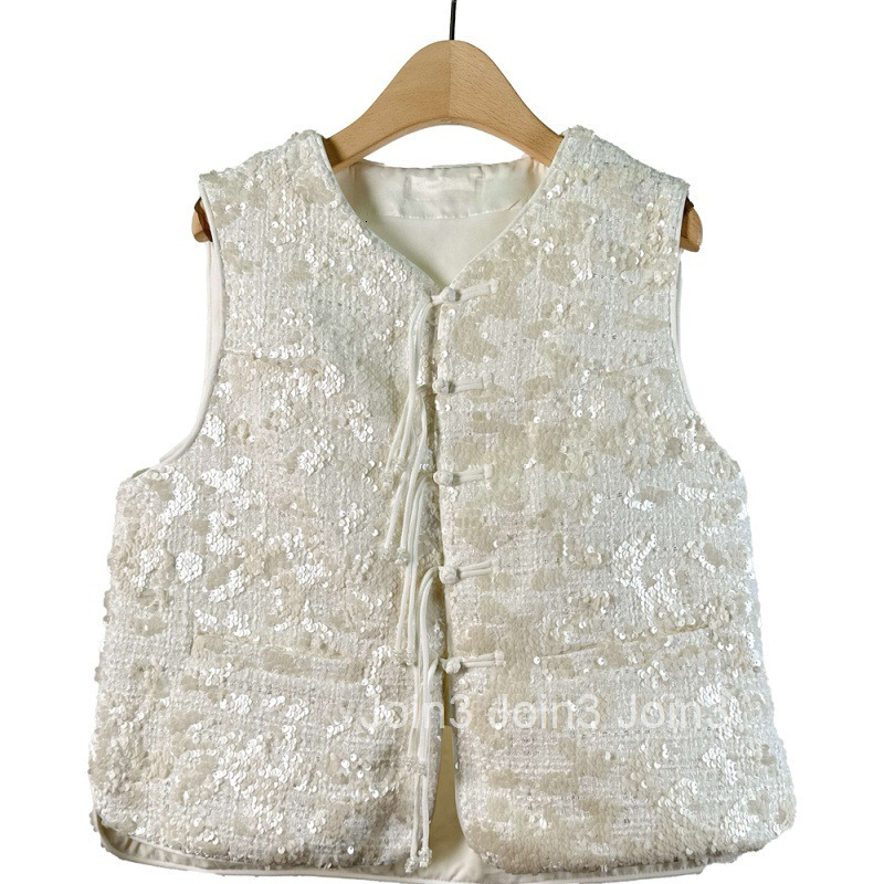 Summer New Fashionable Niche Design Sequin Vest National Style Button Sleeveless Top Heavy Craft Vest for Women