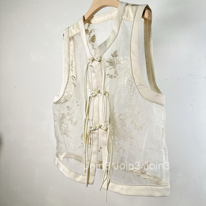 Summer New Chinese Style Lightweight Semi-Sheer Silk Unique Embroidery V-Neck Button Slimming Top Vest for Women