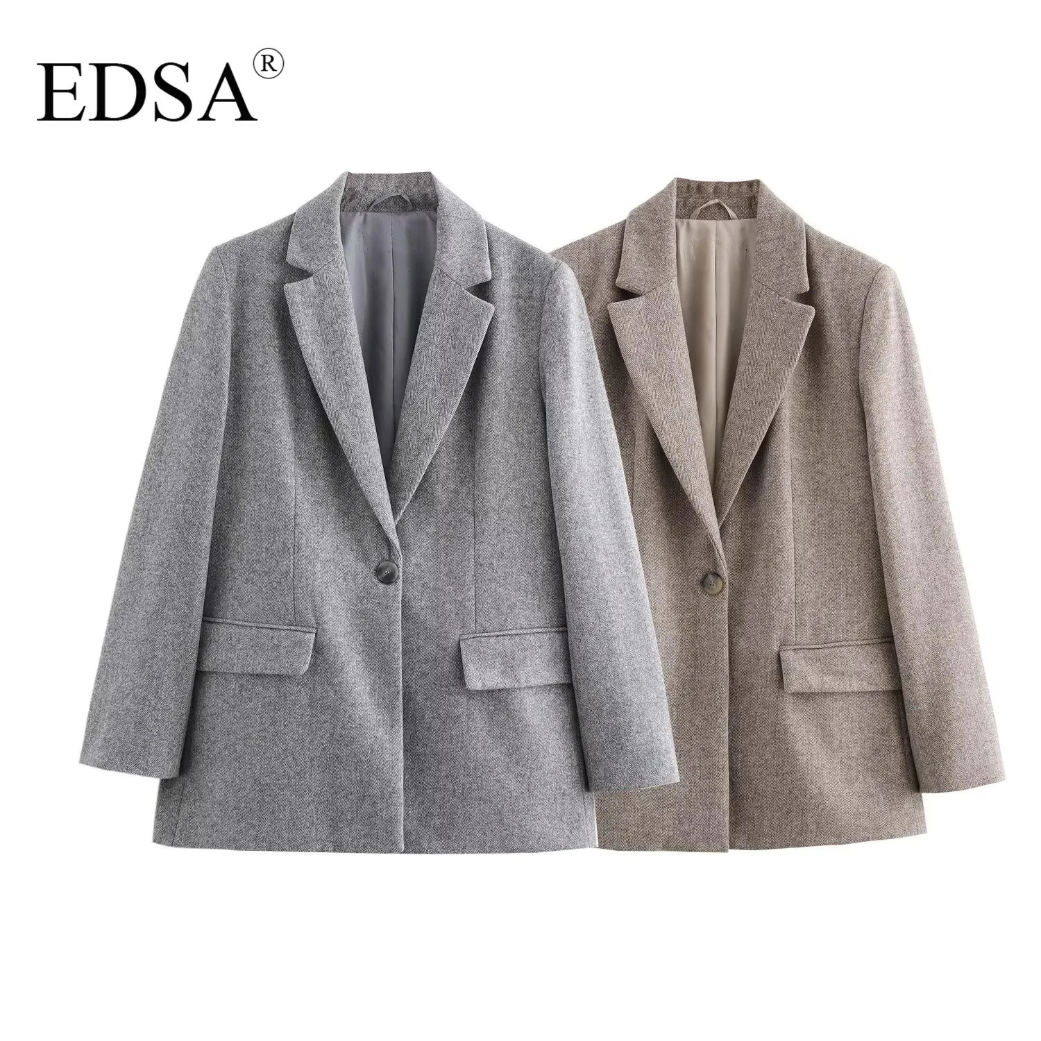 EDSA Women Herringbone Wool Blend Blazer with Flap Pockets for Office Lady Single Button Long Sleeves Jacket Outerwear 250729