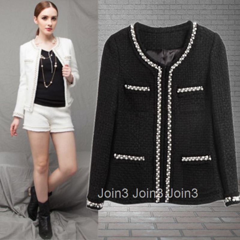 New Autumn Winter Tweed Fashion Long Sleeve Short Coat Heavy Beading Elegant Slim Fit Outerwear Trendy