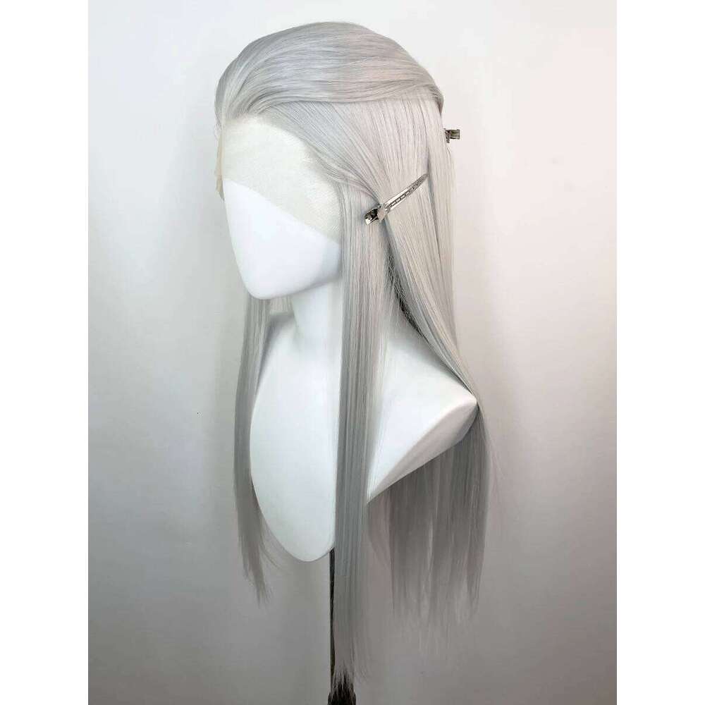 Sier Grey Human Synthetic Lace Front For Women Elf Cosplay 26 Inch Long Straight Glueless Wigs Free Part