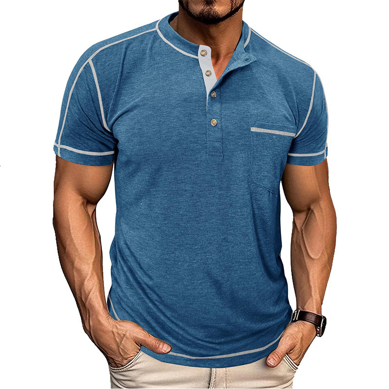 American Style Mens Round Neck Short Sleeve Half Sleeve Henley Base Shirt Top Mens Half Sleeve Fashion Color Block T-Shirt