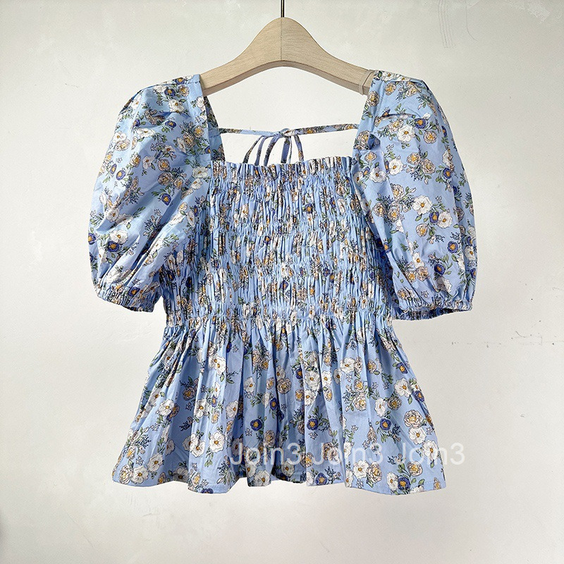 Summer New French Floral Fresh Style Square Neck Back Tie Slim Fit French Short Sleeve Top for Women