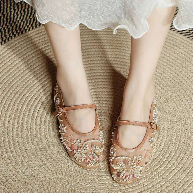 Embroidery String Bead Mesh Ballet Women Fashion White Pearl Mary Jane Shoes Light Summer Flats Elegant Cozy Flat Sandals