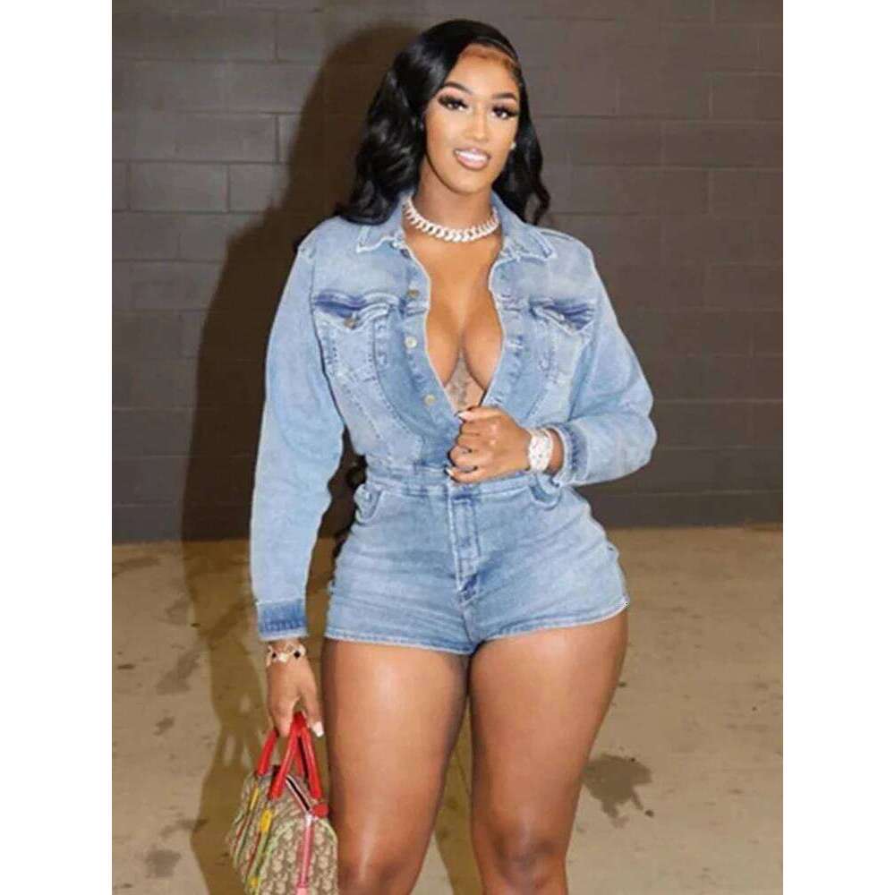 Weird Puss Elastic Denim Women Playsuit Lapel Single-Breasted Full Sleeve One Pieces Shorts Trendy Vintage High Street Partywear