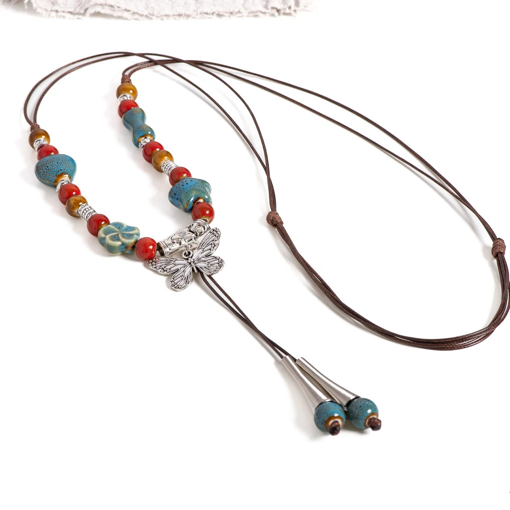 Handmade Colorful Butterfly Ceramic Necklace Adjustable Boho Ethnic Jewelry Tassel Pendant Long Necklace for Women S02-054 250729