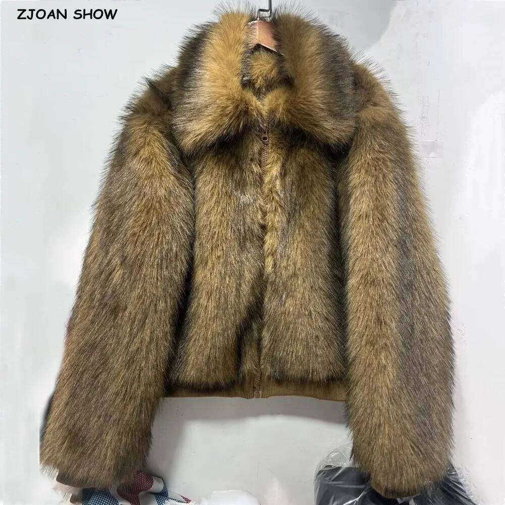 Winter Gradient Brown Long Hairy Shaggy Raccoon Faux Fur Full Sleeve Women Big Lapel Furry Coat Loose Short Outerwear