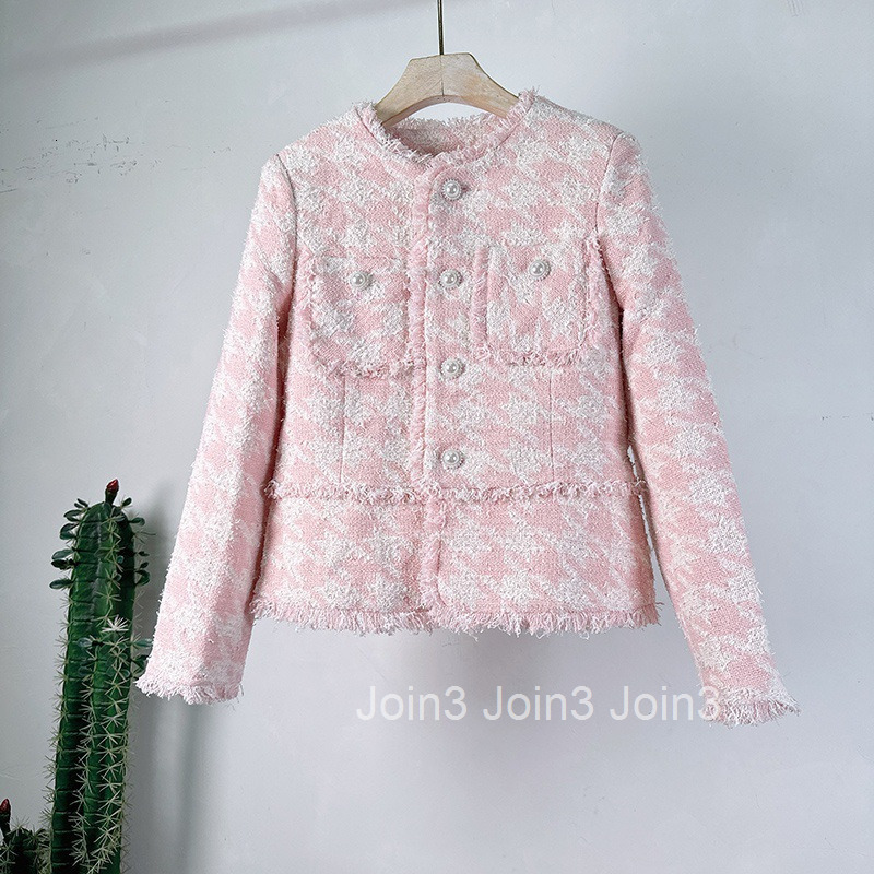 Early Autumn and Winter New Fashionable French Style Pink Thousand Bird Plaid Fleece Thick Tweed Tassel Fleece Coat Small Fragrant Girl