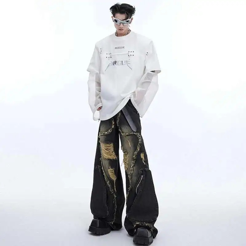 LUZHEN Fashion Original Gauze Splicing Long Sleeve T-Shirts for Men Trendy Niche High Quality Casual Tops LZ3975 250723