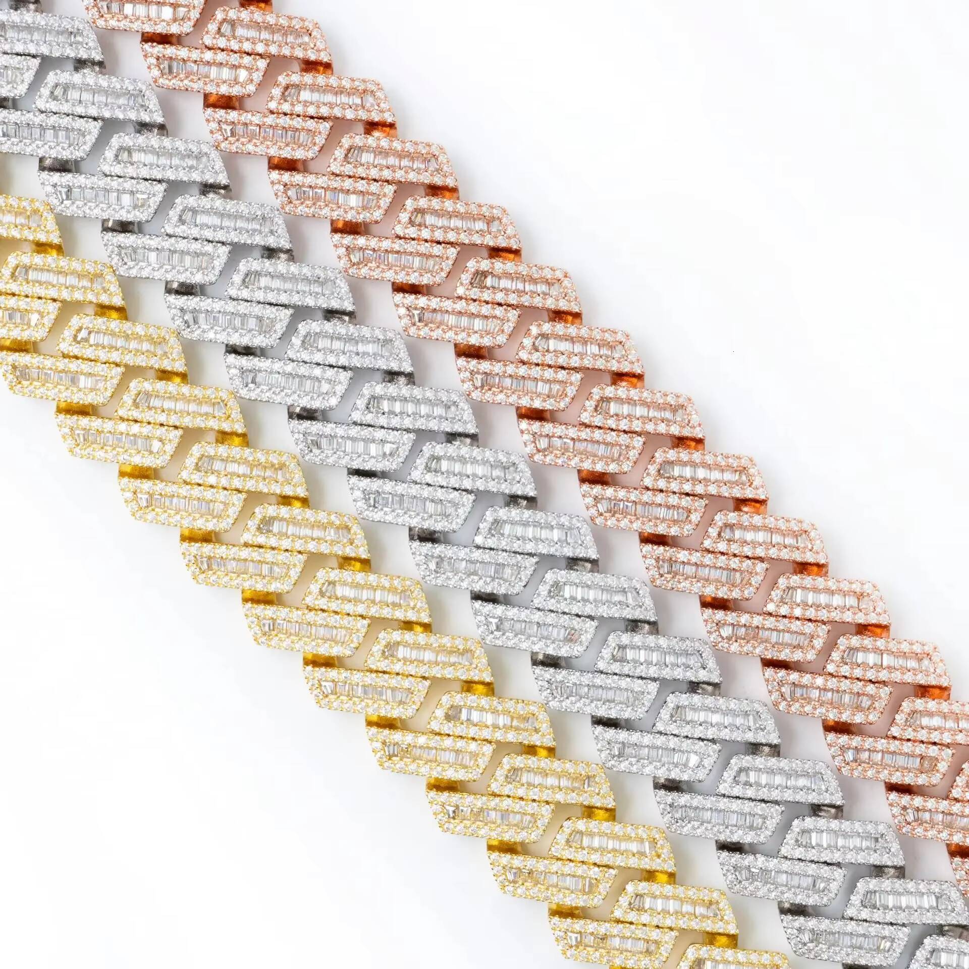 Custom 14k White Gold Plated Cuban Link VVS Moissanite Chain IGI Certified Pass Diamond Tester Round Baguette Cut Fine Chain