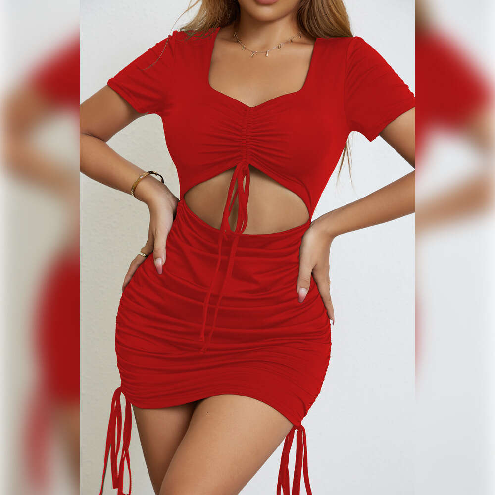 New Women's Clothing Hollow Out Short Sleeve V-Neck Tie Waist Bodycon Sexy Dress B5