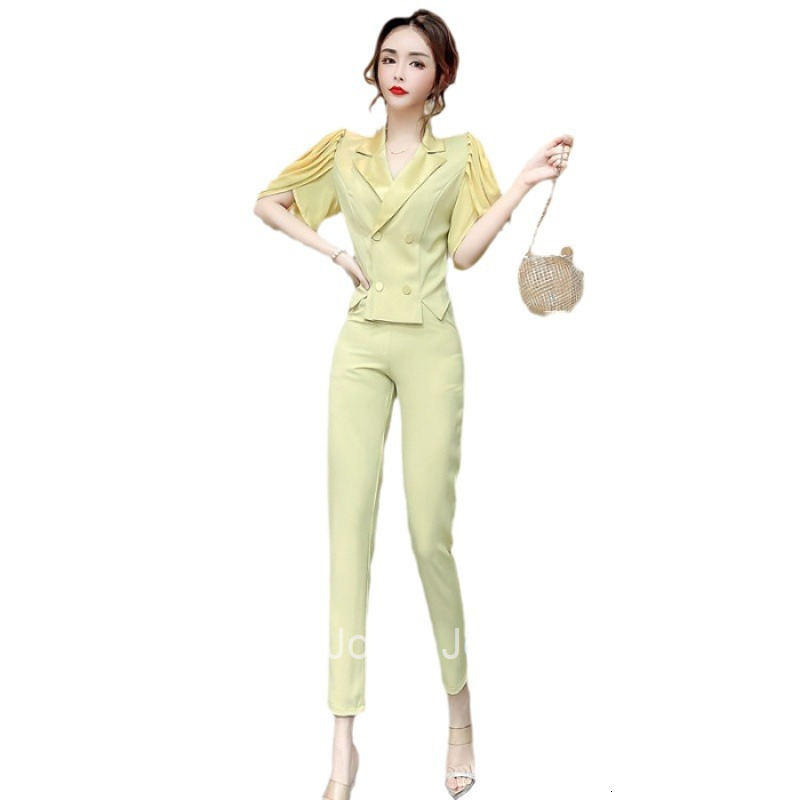 Summer New Fashionable Elegant Professional Two-Piece Set with Turn-Down Collar Double-Breasted Stylish Mid-Sleeve Top Slimming Long Pants Suit for Wo