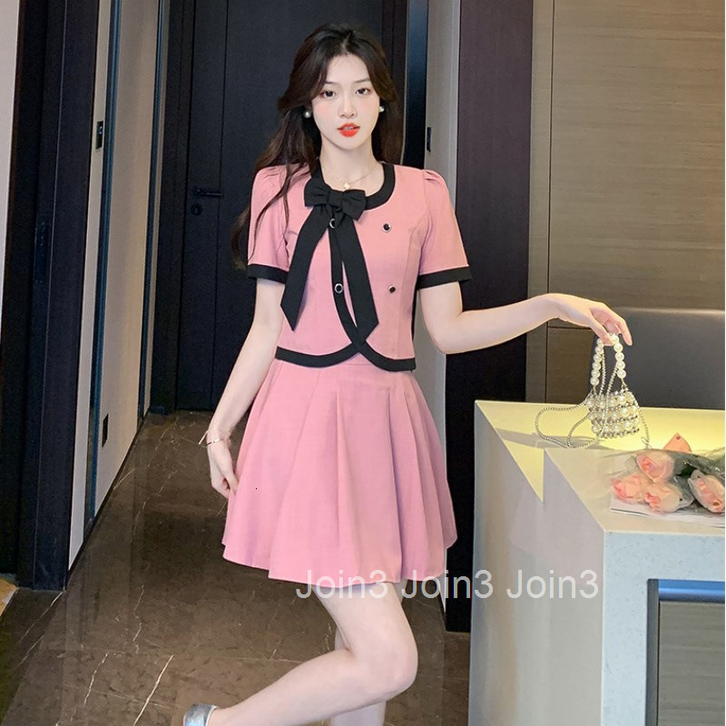 Summer New French Style Small Fragrance Lace-Up Bow Collar Cardigan Short Sleeve Top High Waist Skirt Set