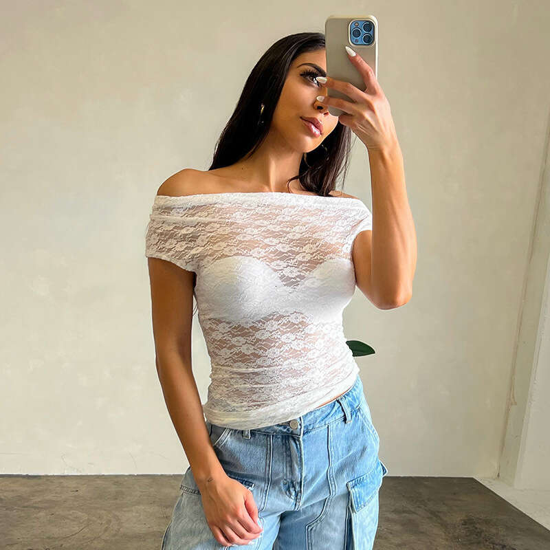 D24tp710 Women's Spring And Summer New Sexy Lace Casual One Shoulder Short Sleeve Top B5