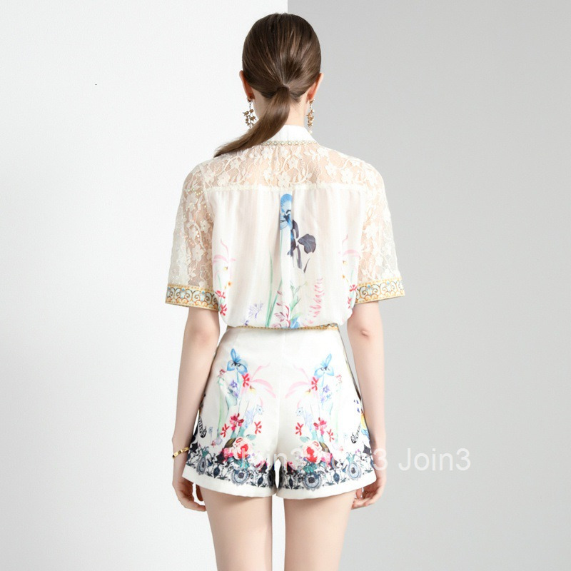 Summer New Plus Size Womens Clothing Printed Lace Patchwork Top Shirt Shorts Fashion Set