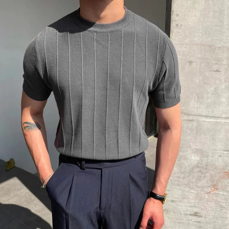 Summer Men Knit Ice Silk Tshirts High Quality Solid Color Stripe Short Sleeve Oneck Tee Tops Mens Thin Slim Fit Tshirts 250729