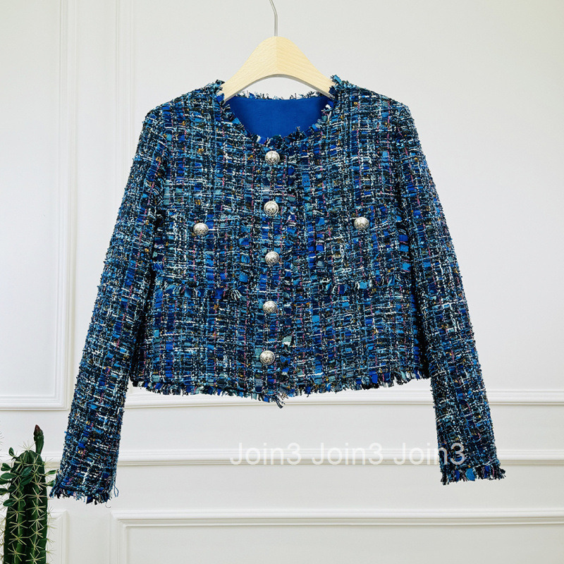 Winter New Style Little Fragrance Demon Blue High-Quality Elegant High-End Tweed Round Neck Knitted Long Sleeve Short Coat for Women