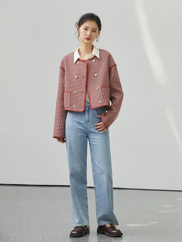 523% Wool Red Plaid n Short Winter Jackets Double Breasted Round Neck Woolen Coats Temperament Coat 250729