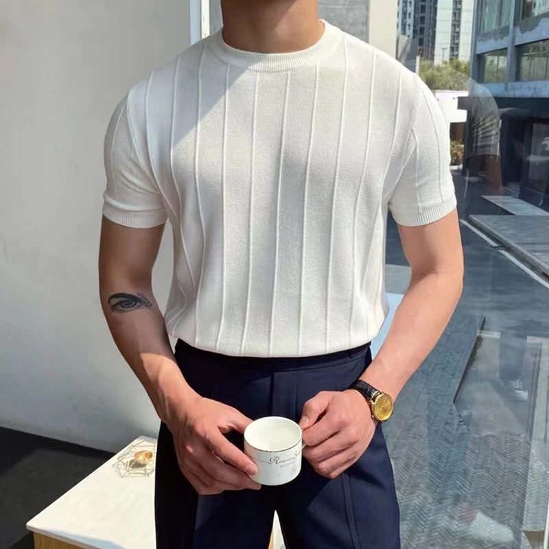 Summer Men Knit Ice Silk Tshirts High Quality Solid Color Stripe Short Sleeve Oneck Tee Tops Mens Thin Slim Fit Tshirts 250729