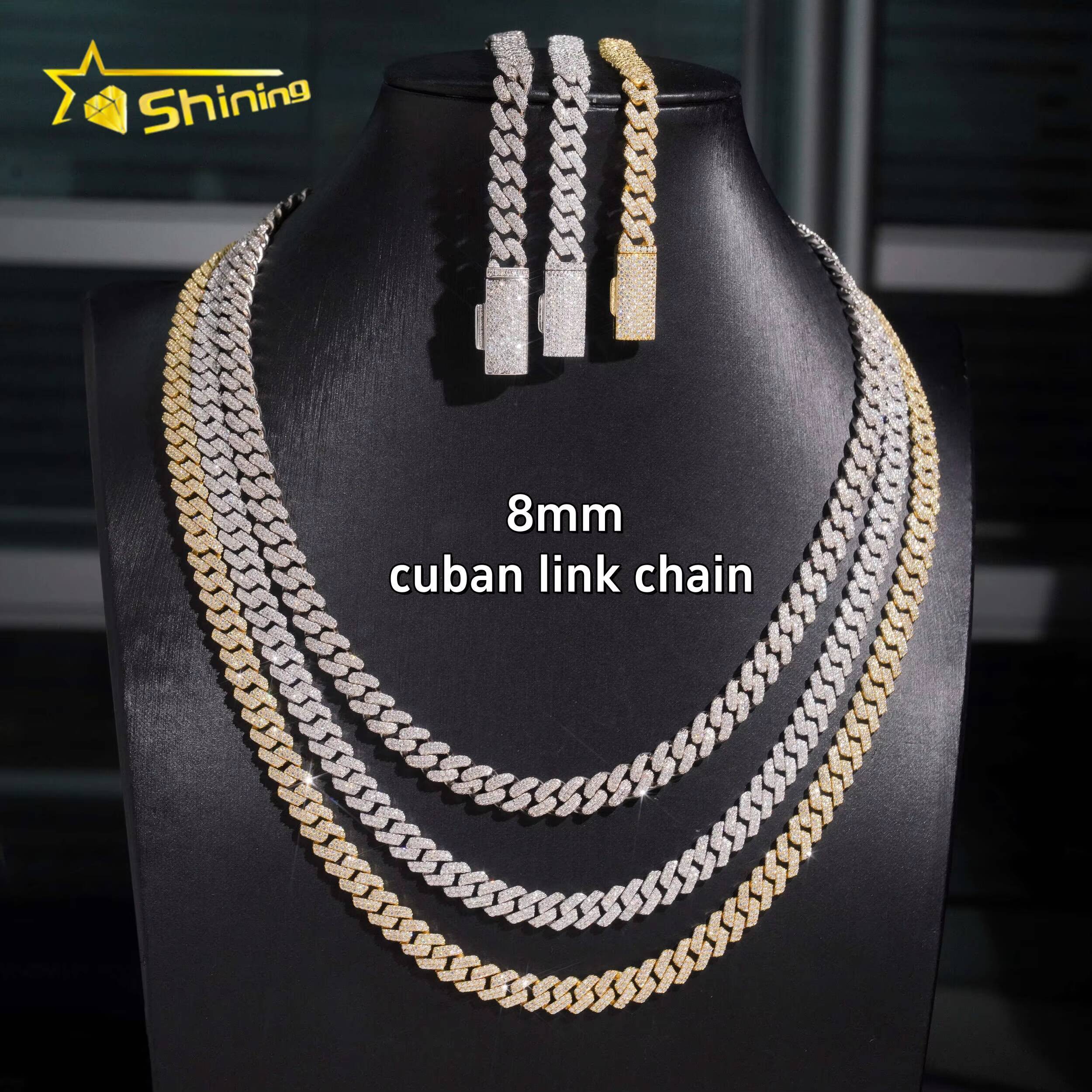 Hip Hop Fine Jewelry Factory Direct Sell 8MM Iced Out 925 Sterling Silver White Gold Plated Moissanite Cuban Link Chain Men