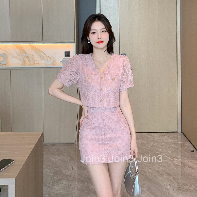 Summer New Plus Size Little Fragrance Pure Desire Style Sweet V-neck Single-breasted Short Sleeve Top + Half Skirt Set for Women