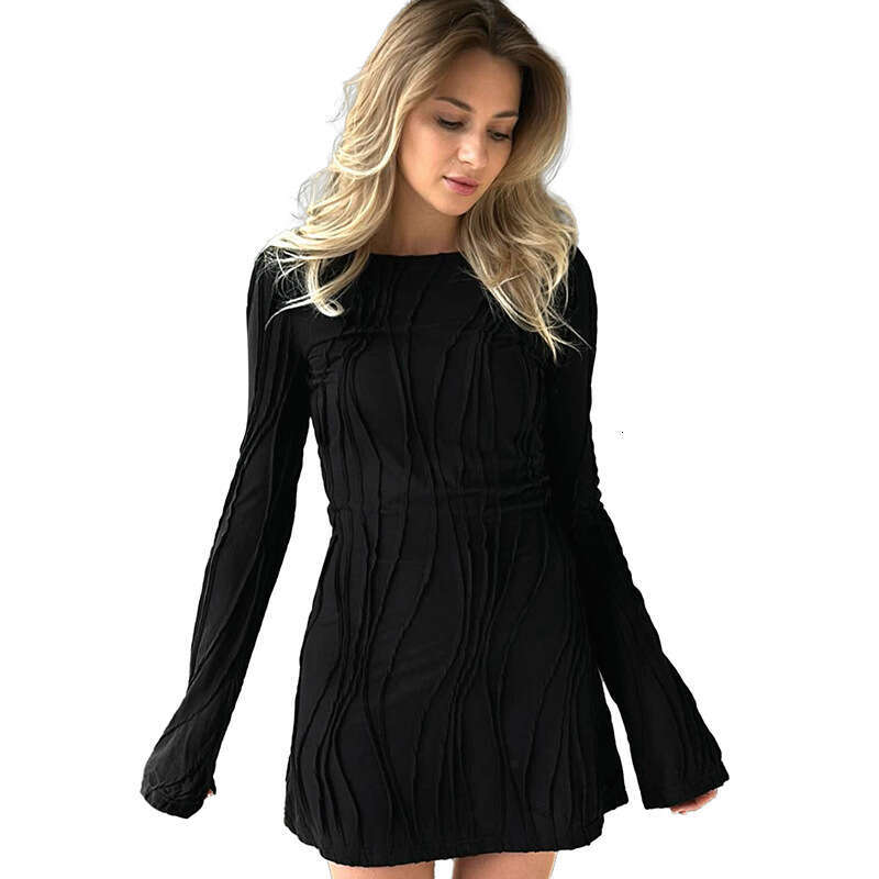 Yds427 Women's Autumn New Solid Color Round Neck Wave Stripe Long Sleeve Bodycon Dress B5