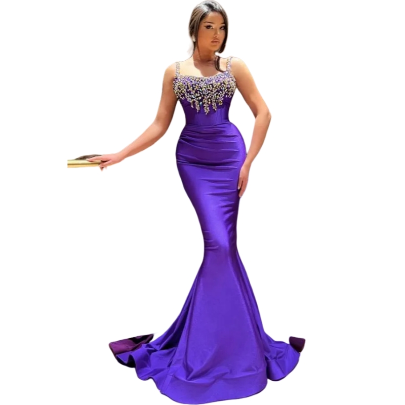 Crystals Beaded Royal Purple Prom Dresses Spaghetti Straps Satin Mermaid Evening Gown Sleeveless Long Chic Pageant Birthday Party Special Occasion Dre