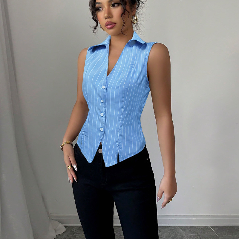 Womens clothing 2025 summer new style temperament striped sleeveless shirt slim fit shirt cardigan top