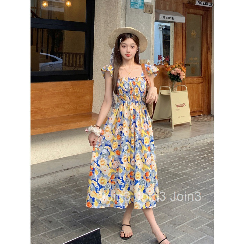 Summer New Womens Sweet Slim High Waist Long Dress A-line Floral Print Strap Dress