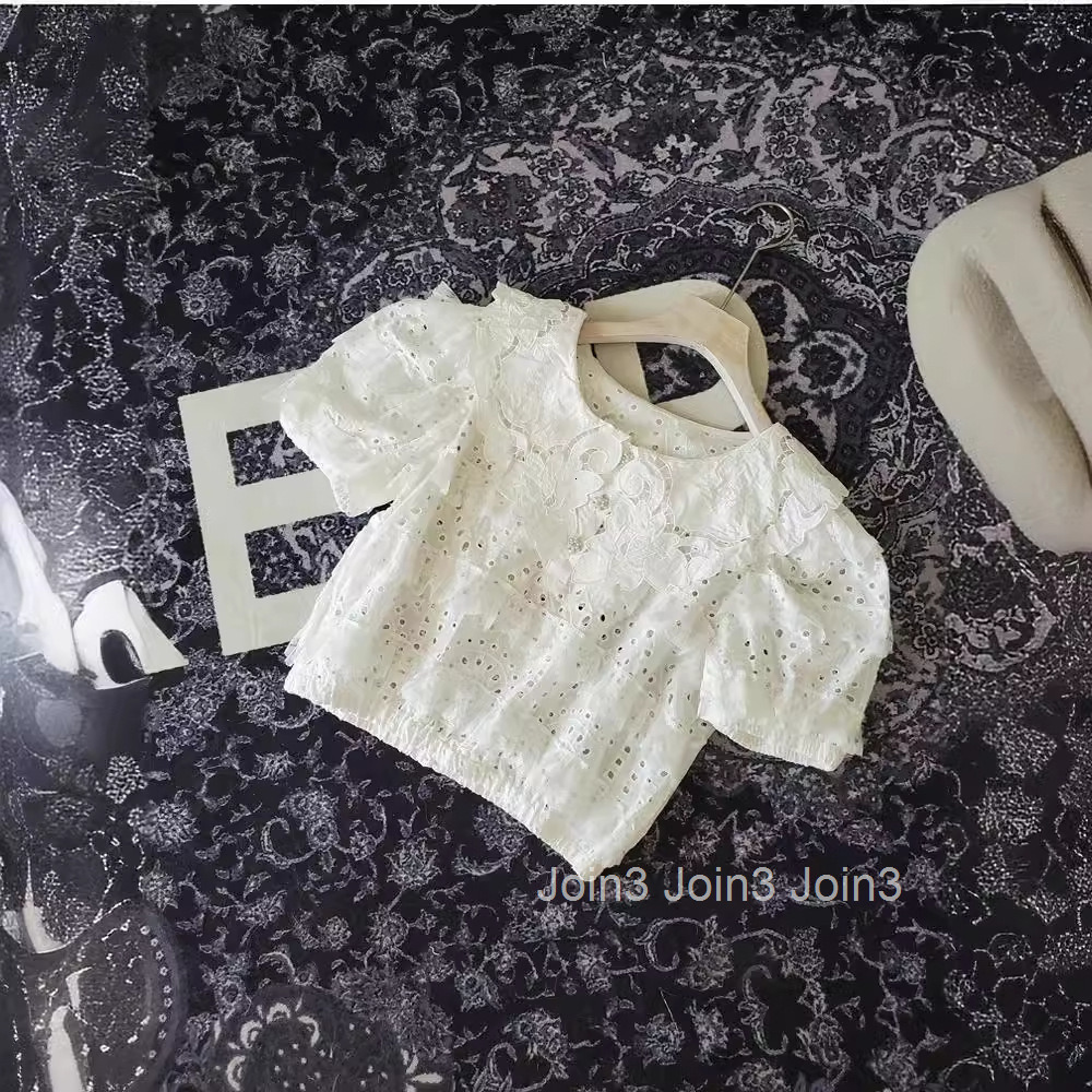 2025 Summer New Loose Round Neck Shirt Cotton Lace Button Short Sleeve Top Korean Style