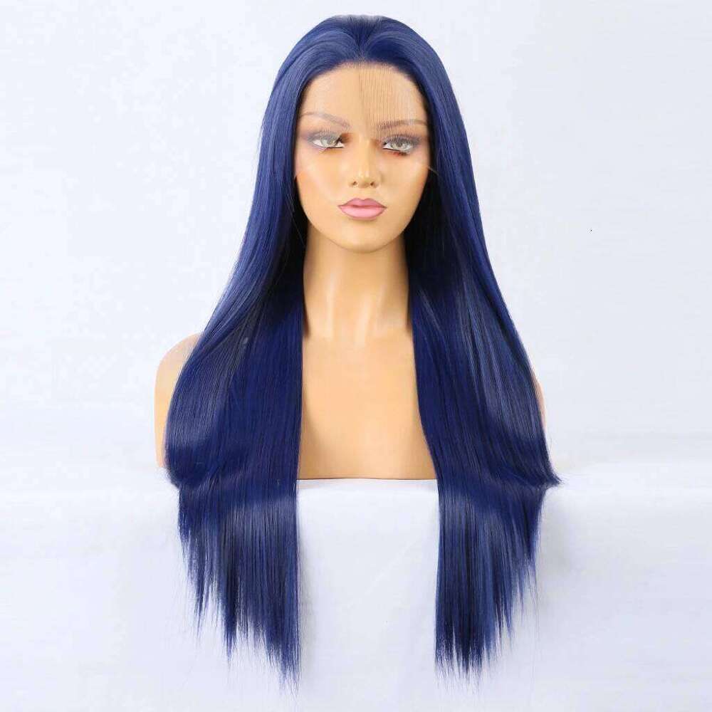 Straight Front Glueless Ready To Wear Long Human Blue Wig Synthetic Hair Lace Wigs For Women
