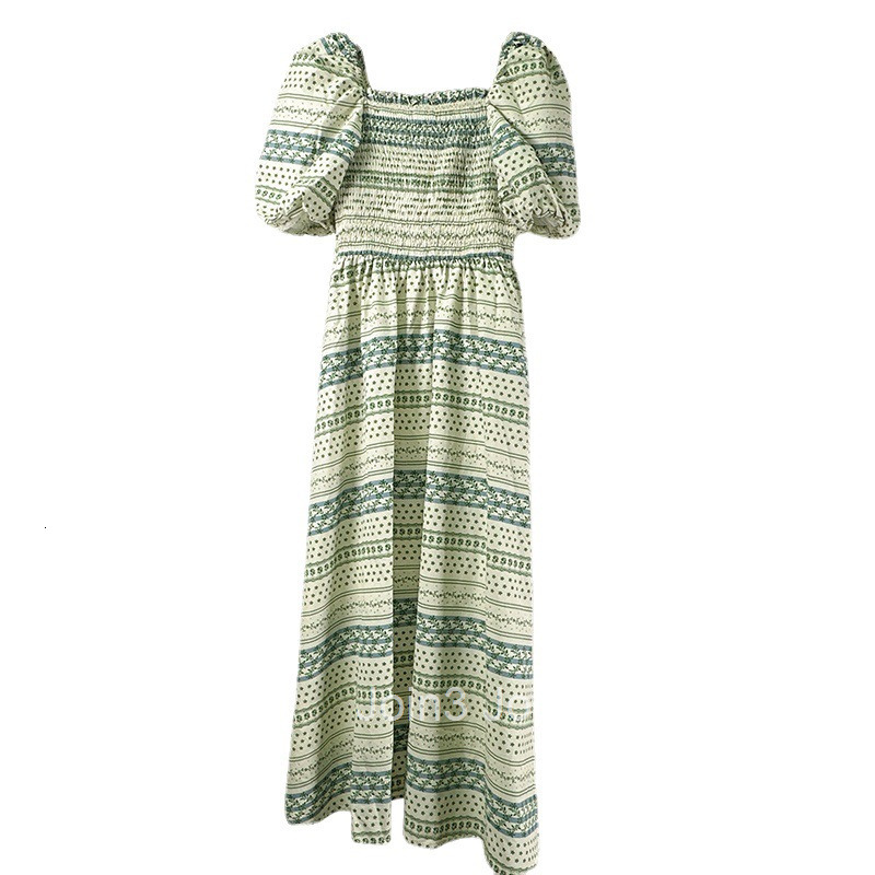 Summer New Off-Shoulder High Waist Slimming Long Dress Ethnic Style Floral Square Neck Puff Short Sleeve Dress