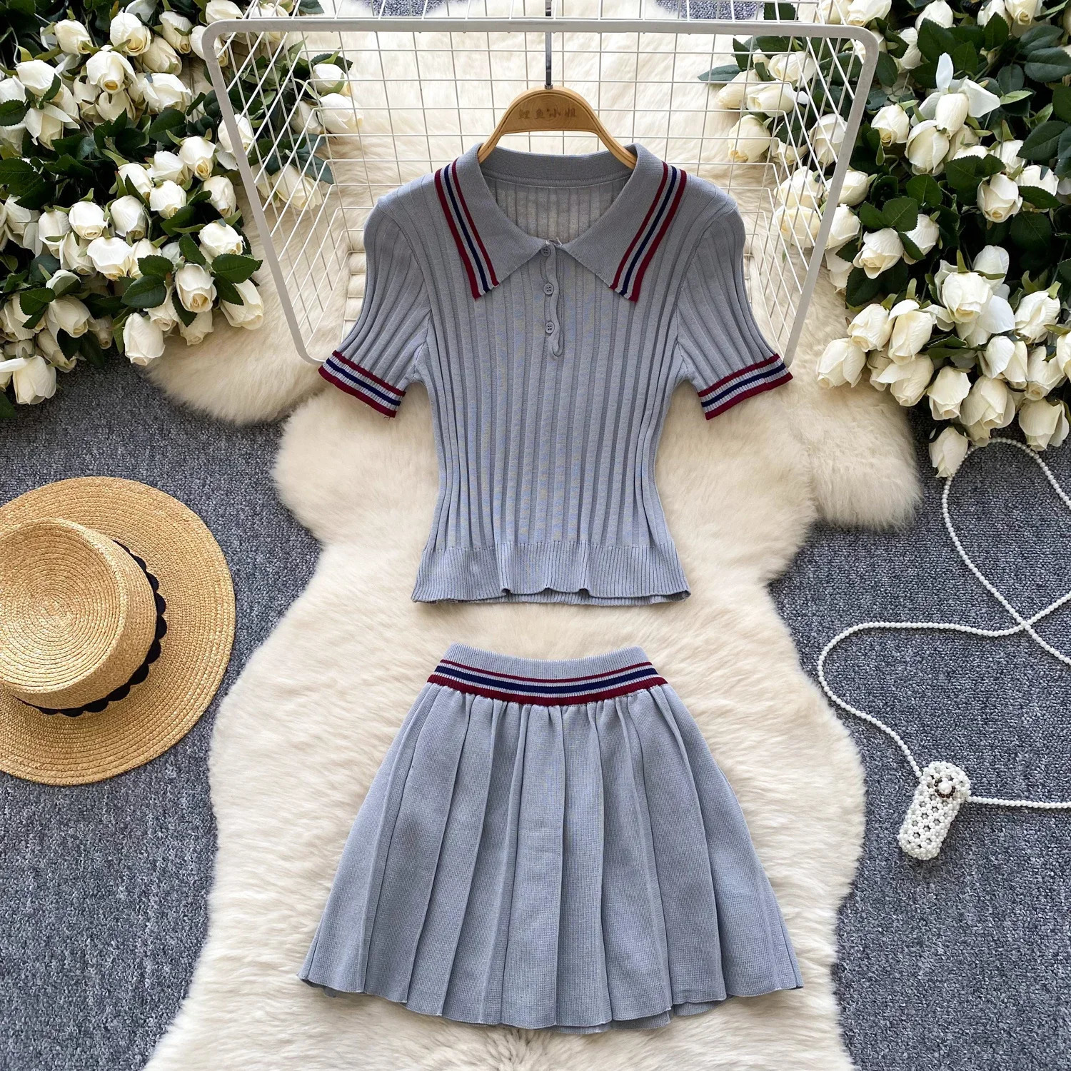 Korean College Style Knit 2pcs Suit Polo Neck Short Sleeve TopsPleated Skirt Women Summer Color Block Vintage Set 250729