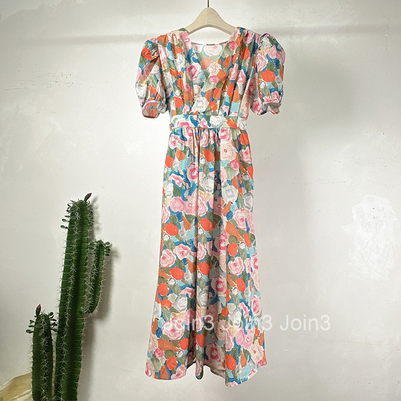Printed Dress for Women Summer New Vacation V-neck Short Sleeve High Waist Loose Mid-length A-line Dress