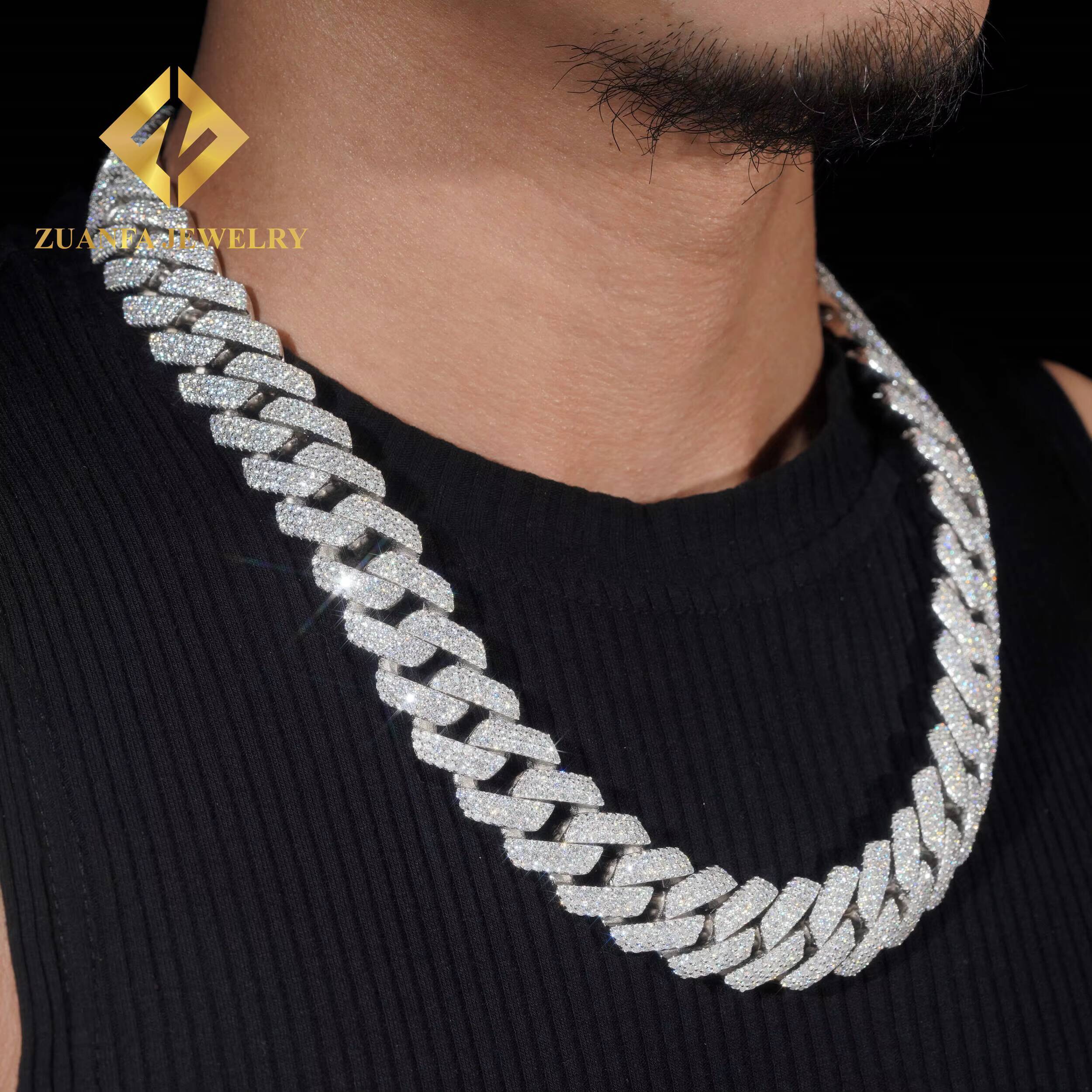 Big Chain 20mm 3rows Moissanite 925 Silver Gold Plated Cuban Chain Fine Jewelry