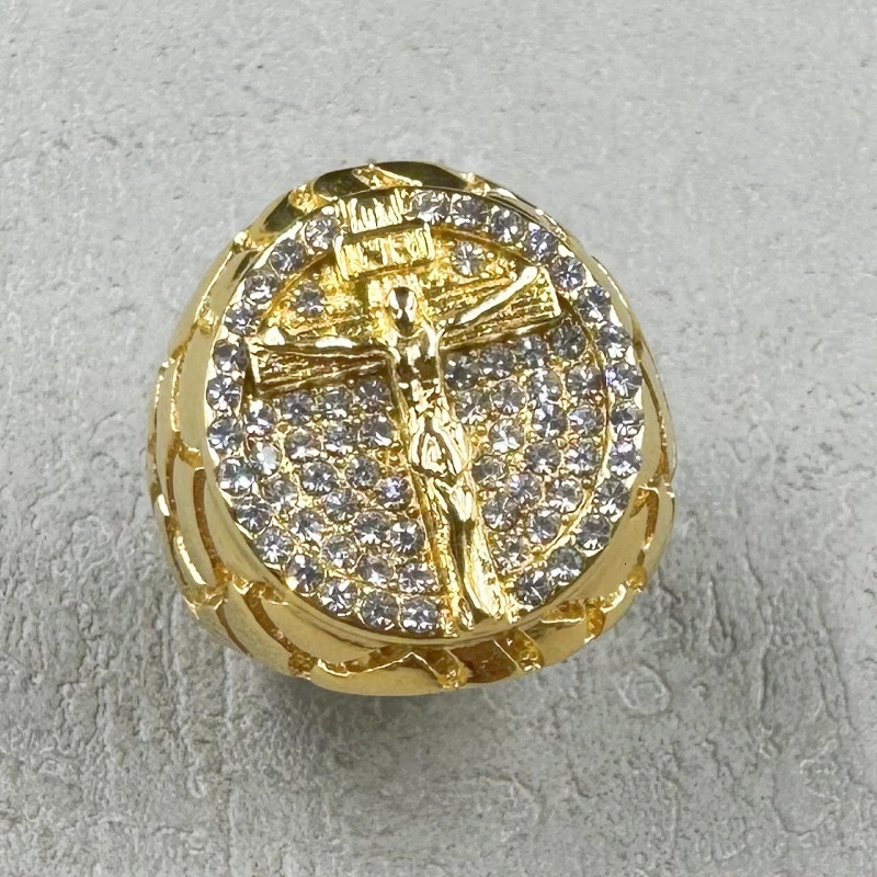 Hip Hop gold color 316L Stainless Steel with full rhinestone INRI Crucifix JESUS Cross Rings for Men Rapper party Jewelry 250729