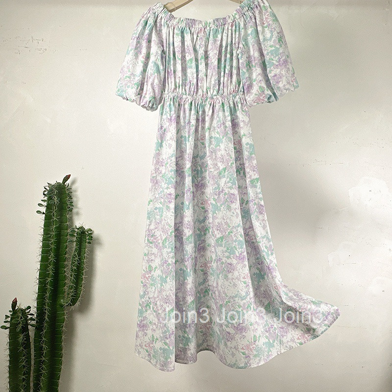 Summer New French Fashion Waist-Cinching High-Waist Skirt Floral Print Off-Shoulder Short Sleeve Dress Long Dress