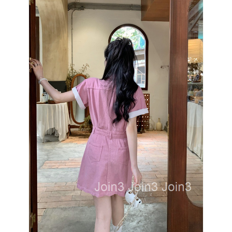 Summer New Womens Workwear Pink Denim Short Sleeve Dress for Petite Women A-line Short Dress