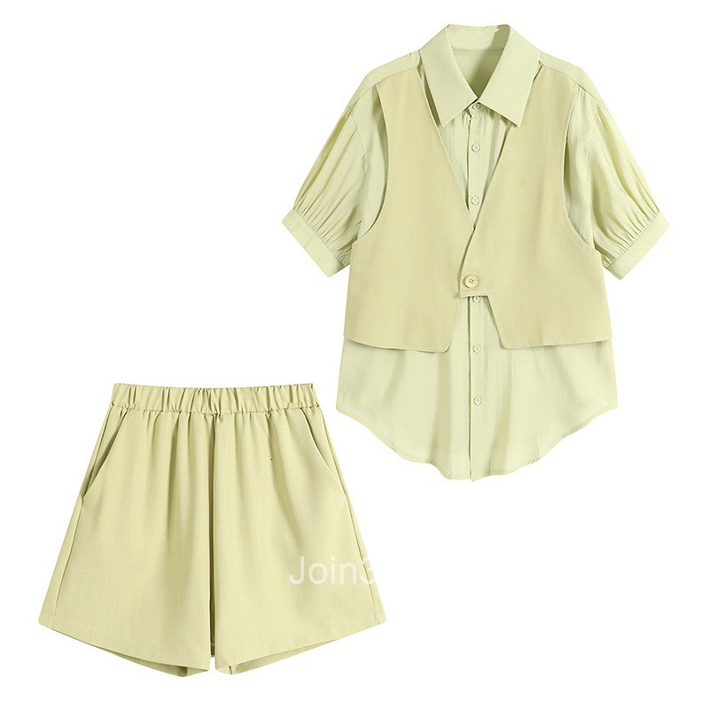 Summer New Design Sense Niche Casual Set for Women Fake Two-Piece Patchwork Short Sleeve Shirt Wide-Leg Shorts Two-Piece Set for Women