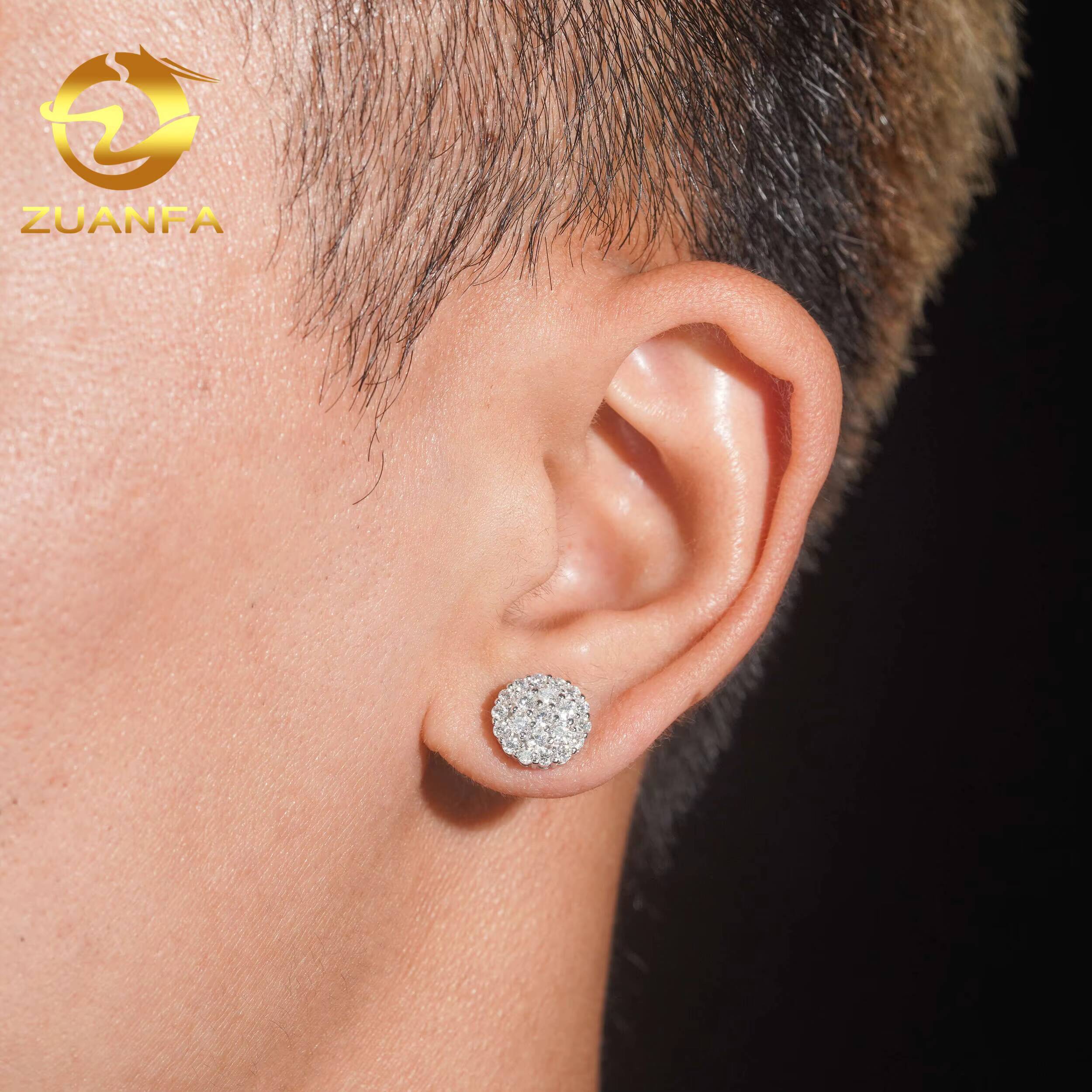 Wholesale Price 10.5mm Fashion Screw Back 925 Silver Ear Studs Iced Out Hip Hop Jewelry VVS Moissanite Men Stud Earrings