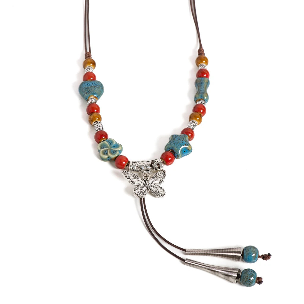 Handmade Colorful Butterfly Ceramic Necklace Adjustable Boho Ethnic Jewelry Tassel Pendant Long Necklace for Women S02-054 250729