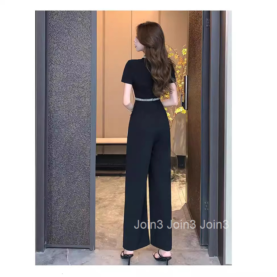 Summer New Round Neck Slim Fit Simple Elegant Casual Black Short Sleeve Jumpsuit Wide Leg Pants Long Pants for Women