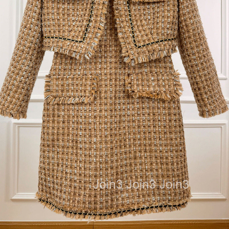 Winter New Womens French Style Tweed Two-Piece Set Slim Fit Camisole Dress Short Coat Set