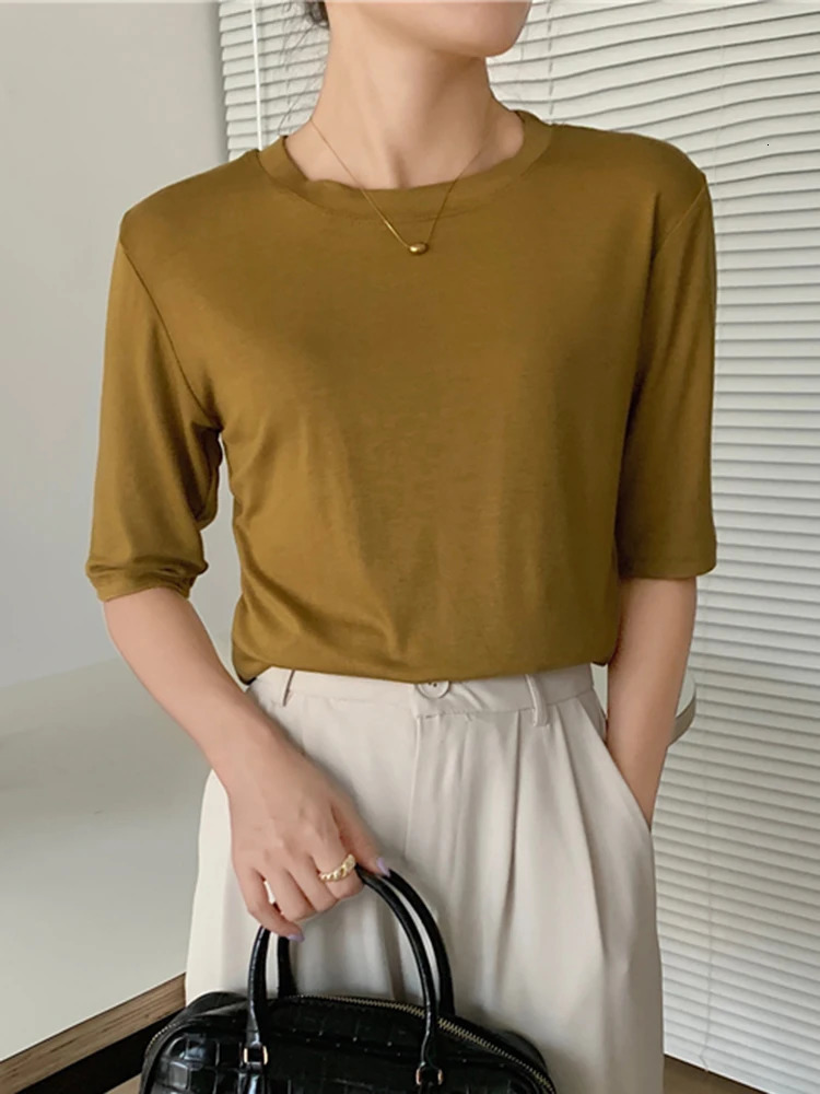 2025 Summer Half Sleeve T Shirts Women Cotton Tops Tees Solid O Neck Female Casual Basic Elastic Slim T Shirt Casual Top 250724
