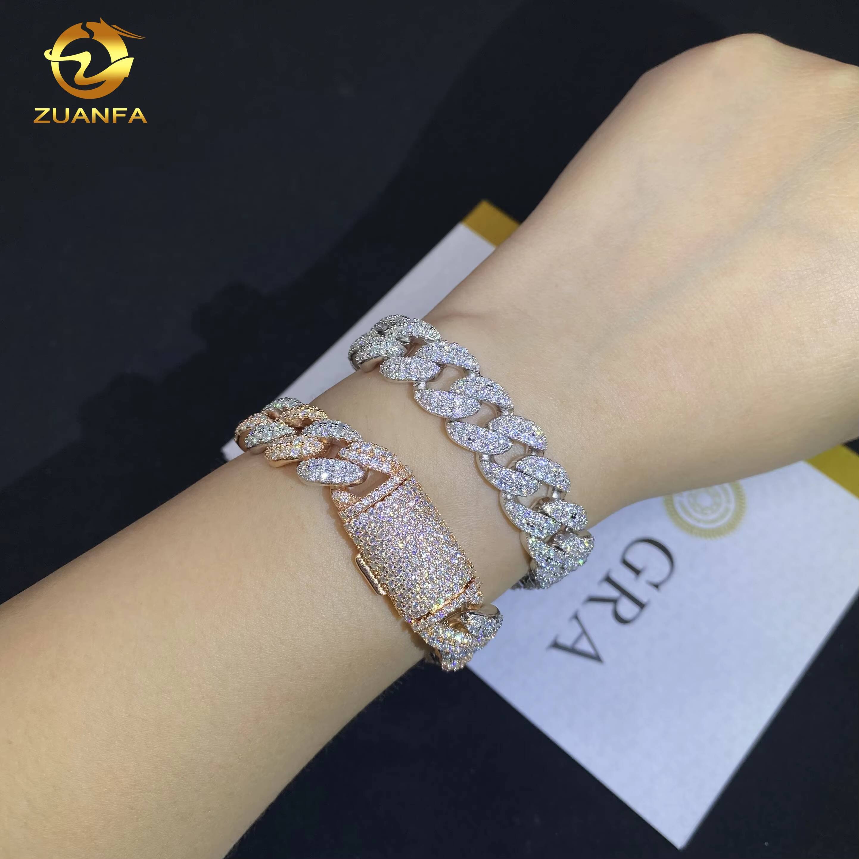 Luxury 12mm 2Rows Hip Hop Jewelry Iced Out Bracelet 925 Sliver VVS Moissanite Diamond 2Tone Miami Cuban Link Chain Necklace
