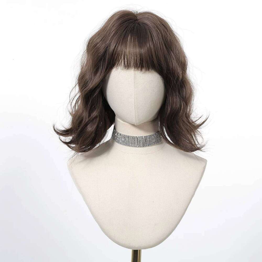 12 Inch Brown Bob Natural Synthetic Cute Hair Short Wavy Curly Wig With Bangs For Women Daily Party Use Heat Resistant Fiber