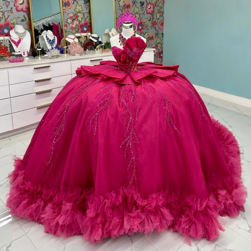 Rose Red Quinceanera Dresses Ball Gown Off The Shoulder Beading Crystal Tiered Tull Bow Party Birthday Sweet 16 Dress Vestidos 15 Anos