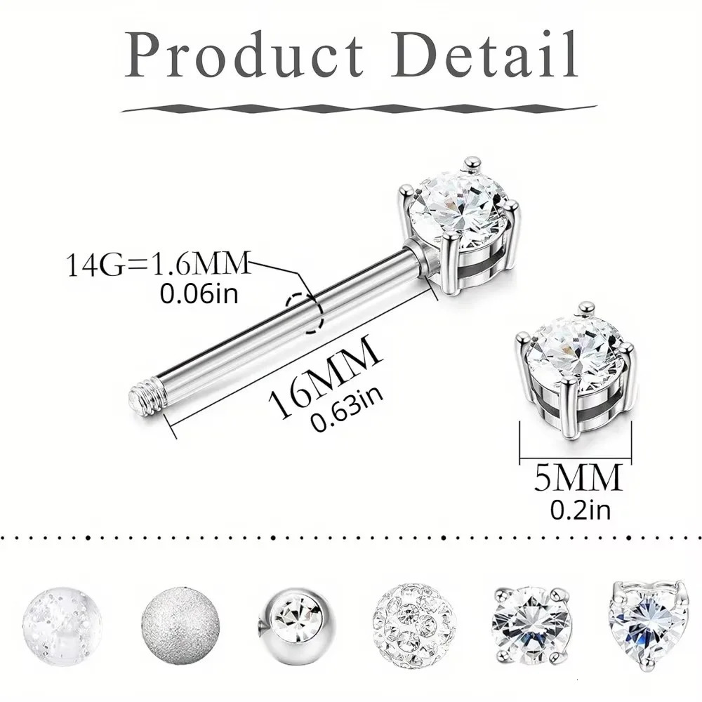 Bobisty 1pc 14G Nipple Rings 316L Steel Heart CZ Tongue Barbell Body Piercing Ring 250729