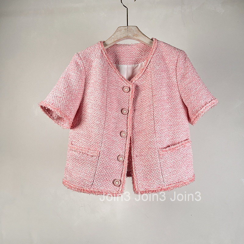 25 Summer New Korean Chic Fashion Brightening Little Fragrance Cardigan Slimming Pink Short Sleeve Top for Women